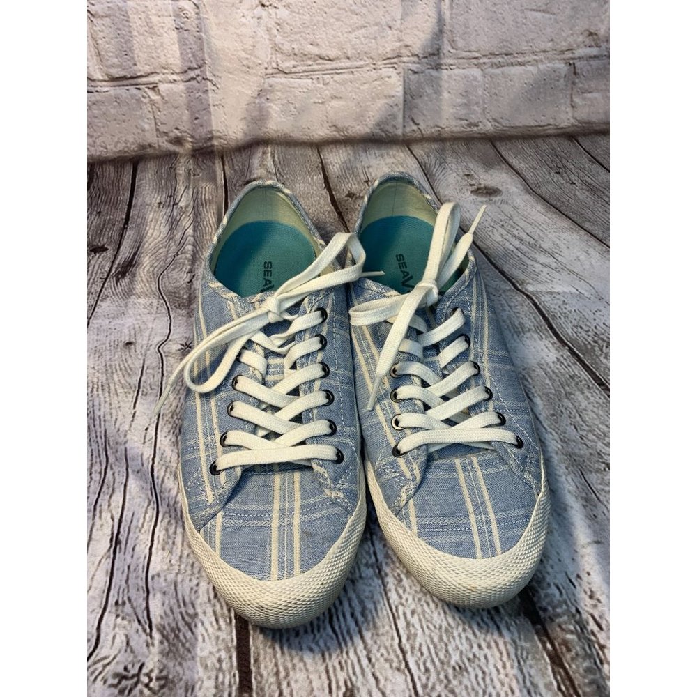 Sea Vees by J. Crew, Monterey Sneaker Chambray, Embroidered Plaid, Size 8